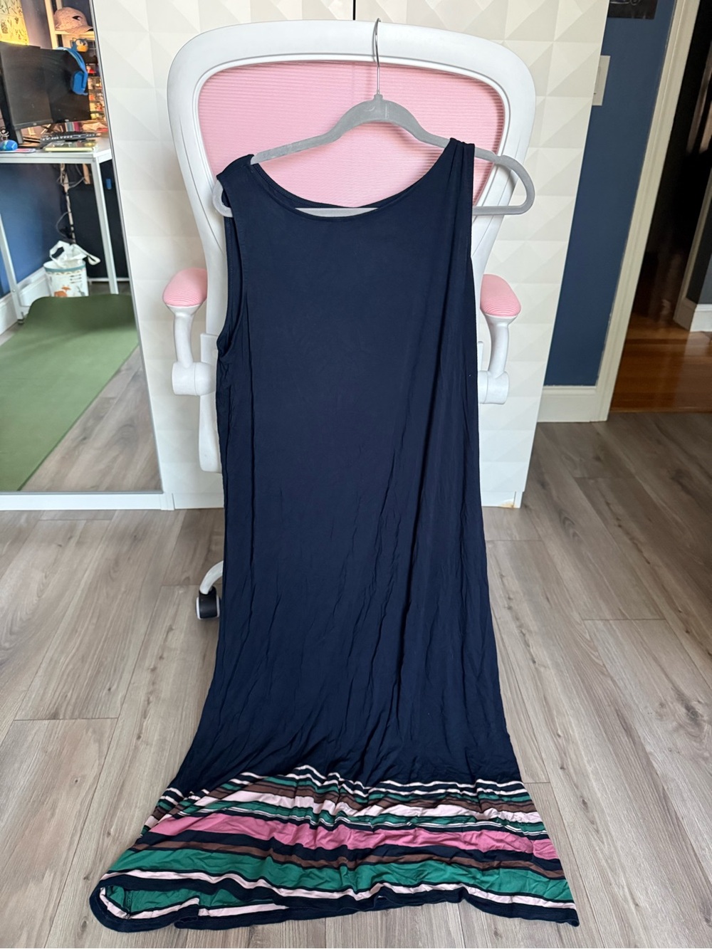 Sleeveless Navy Maxi Dress with Striped Hem